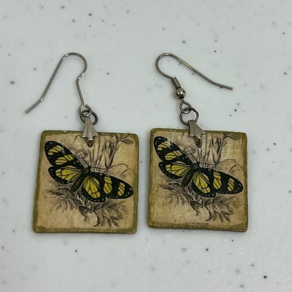 Wood Butterfly Earrings Yellow Dangle Charm Square Natural Brown Insect Boho Use